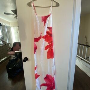 PrettyLittleThing Strapless Dress - Red and White Floral